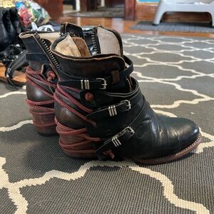 Freebird Black and Brown Ankle Boots with Red Straps